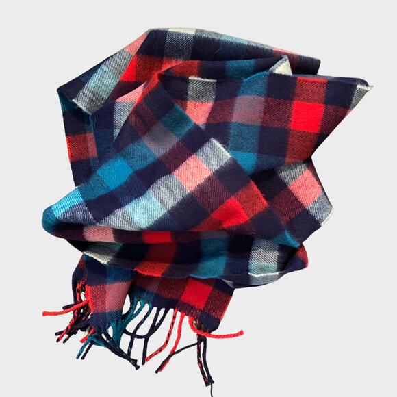 Plaid Scarf Red Blue White with Fringe Rectangle 64" x 12" - Picture 1 of 6